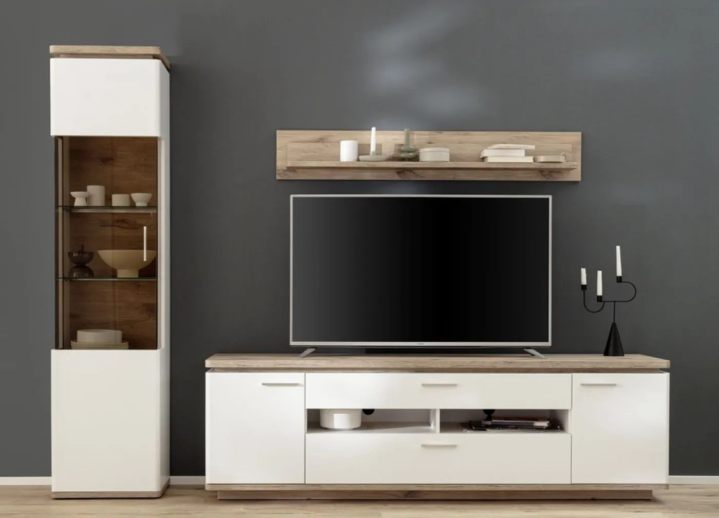 Wohnkombination Palermo 2 | Soft white / Viking Oak | 3-teilig | mit 2er Set 45 cm Beleuchtung