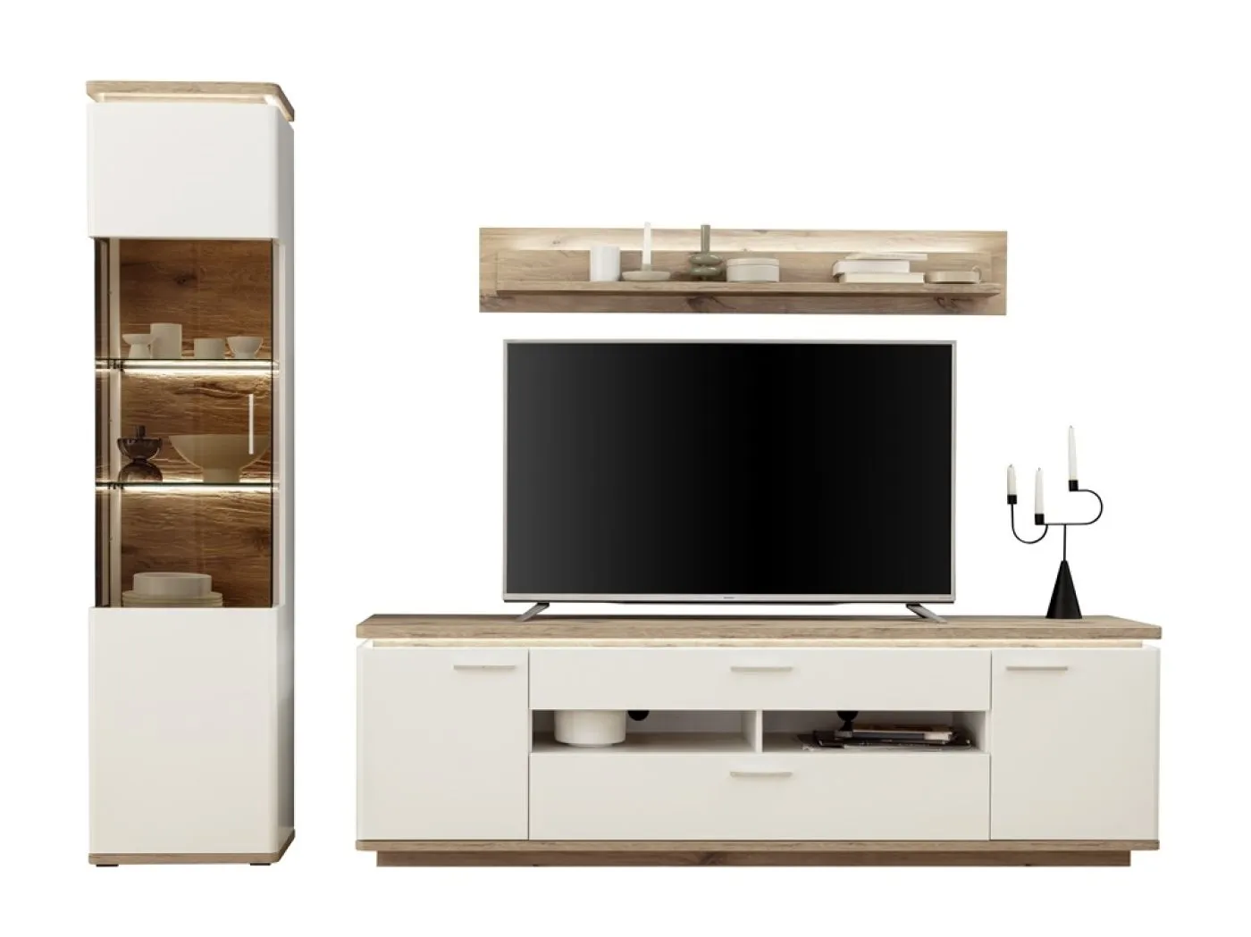 Wohnkombination Palermo 2 | Soft white / Viking Oak | 3-teilig | mit 2er Set 45 cm Beleuchtung