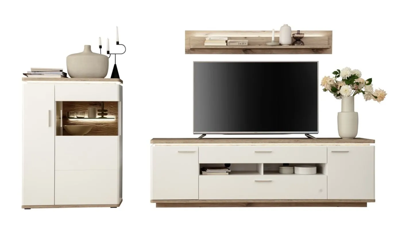 Wohnkombination Palermo 3 | Soft white / Viking Oak | 3-teilig | LED Beleuchtung