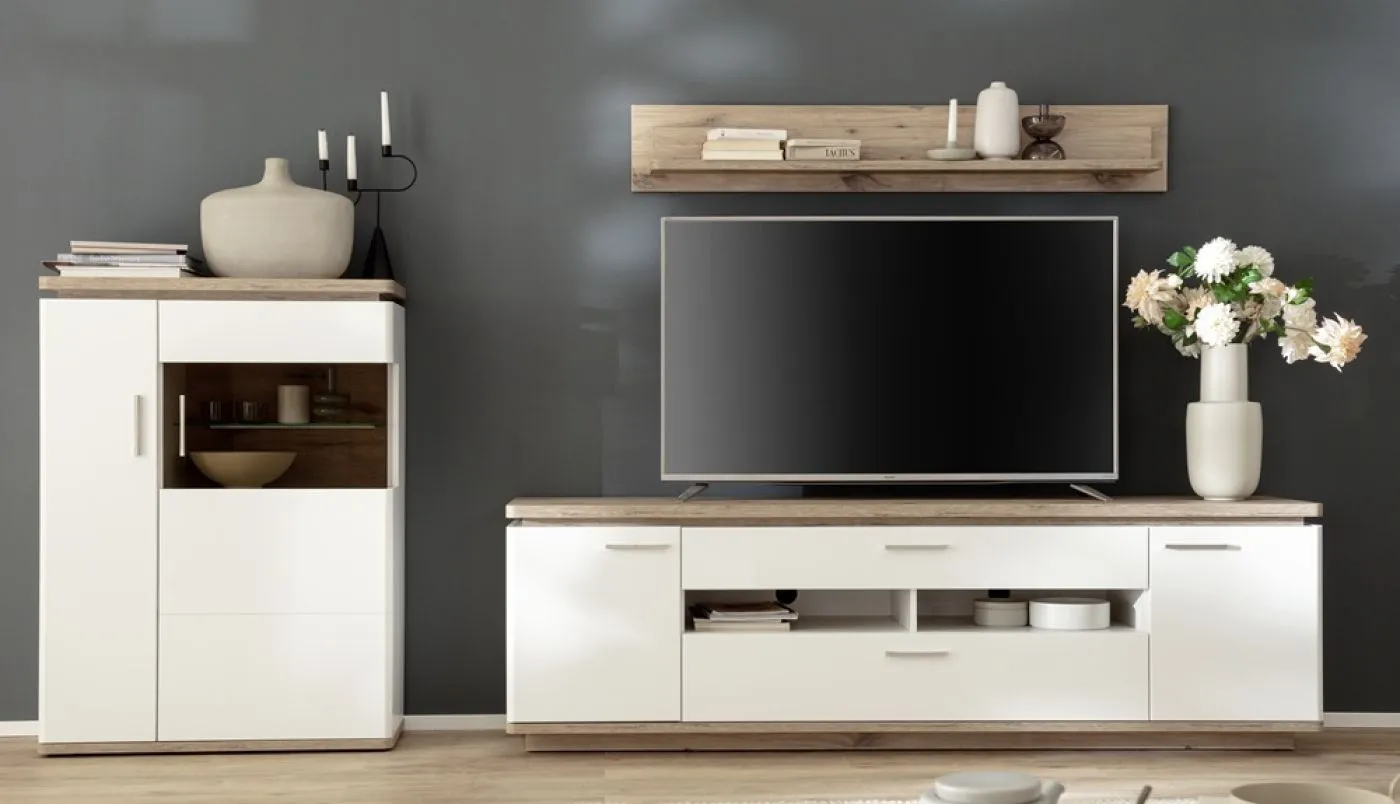 Wohnkombination Palermo 3 | Soft white / Viking Oak | 3-teilig | mit 135 cm Beleuchtung