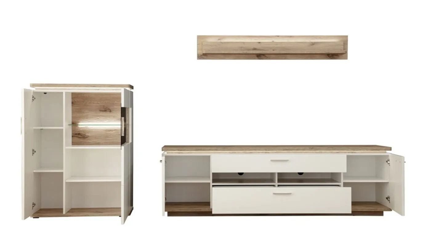 Wohnkombination Palermo 3 | Soft white / Viking Oak | 3-teilig | mit 135 cm Beleuchtung