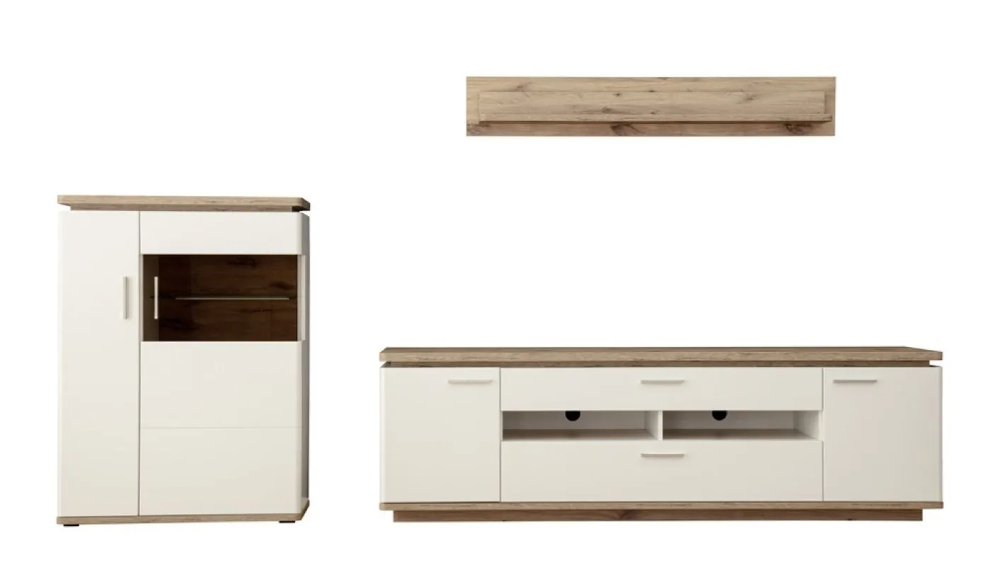 Wohnkombination Palermo 3 | Soft white / Viking Oak | 3-teilig | mit 135 cm Beleuchtung