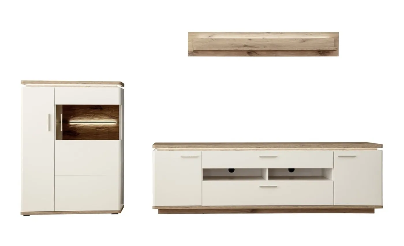 Wohnkombination Palermo 3 | Soft white / Viking Oak | 3-teilig | ohne Beleuchtung