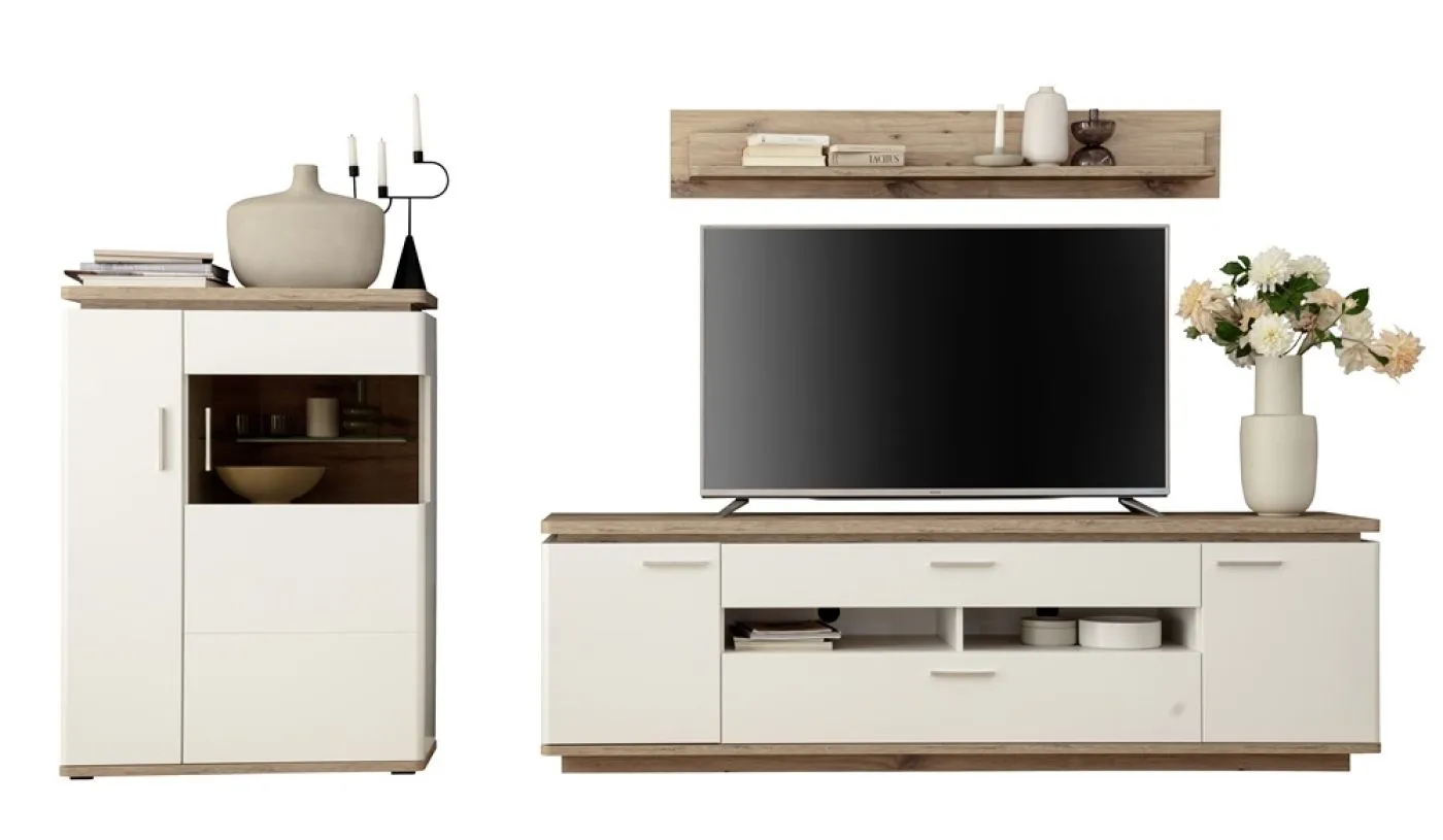 Wohnkombination Palermo 3 | Soft white / Viking Oak | 3-teilig | ohne Beleuchtung