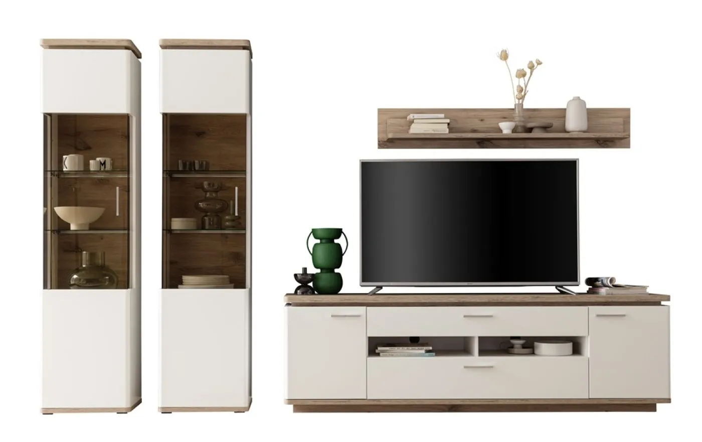 Wohnkombination Palermo 4 | Soft white / Viking Oak | 4-teilig | LED Beleuchtung