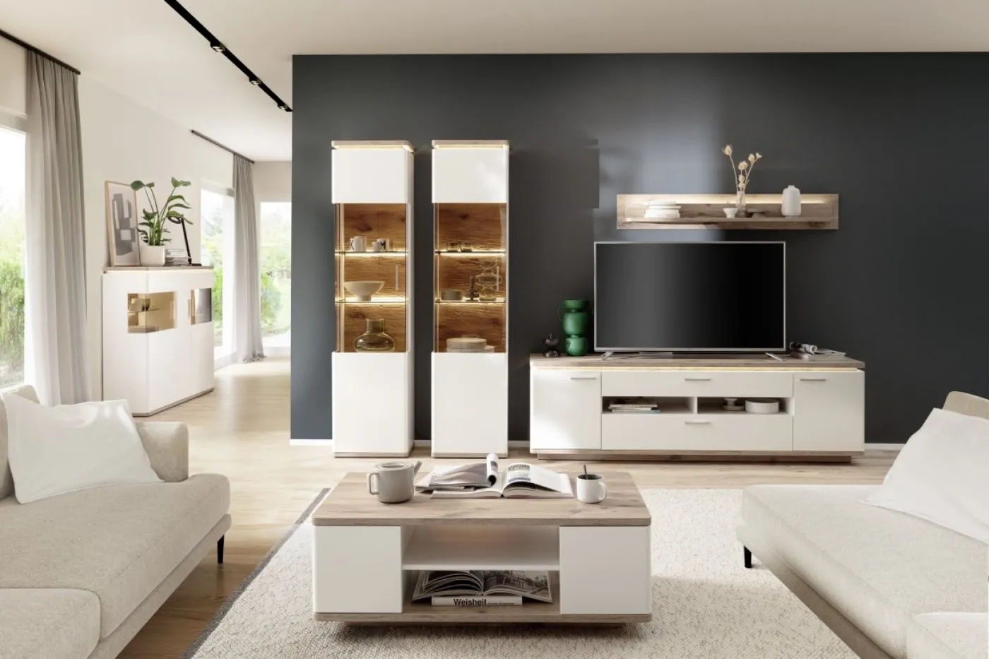 Wohnkombination Palermo 4 | Soft white / Viking Oak | 4-teilig | LED Beleuchtung