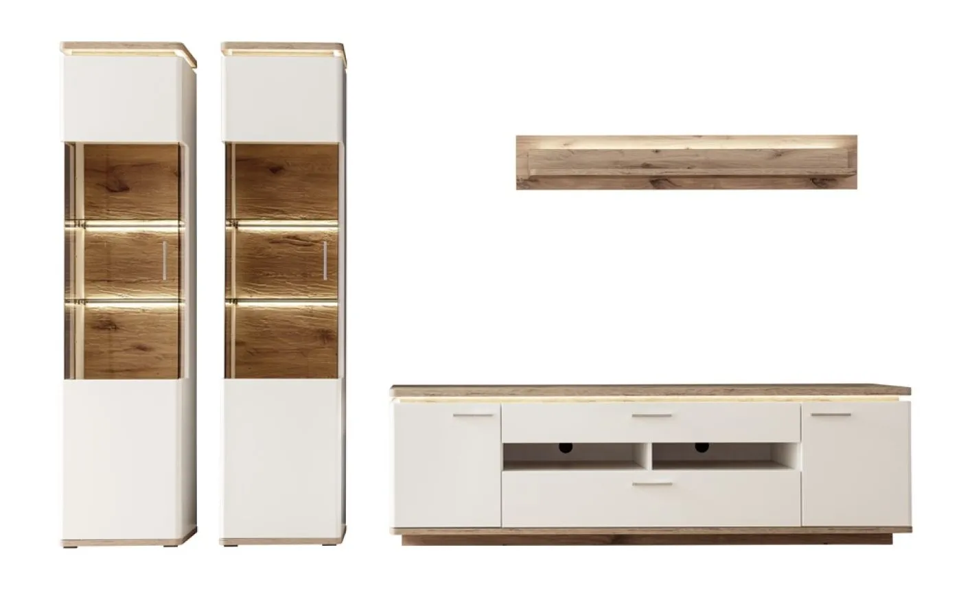 Wohnkombination Palermo 4 | Soft white / Viking Oak | 4-teilig | LED Beleuchtung