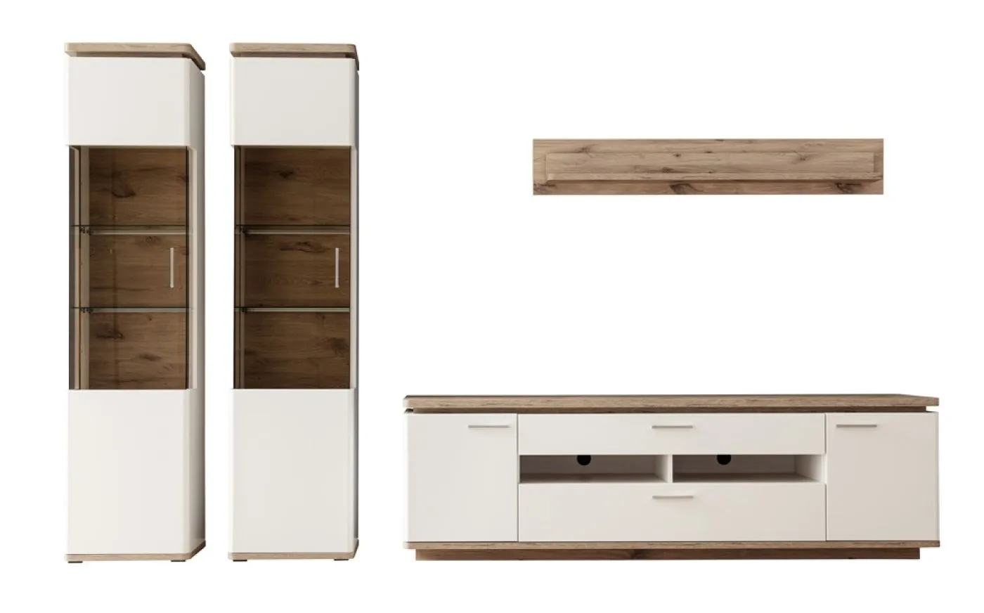 Wohnkombination Palermo 4 | Soft white / Viking Oak | 4-teilig | LED Beleuchtung