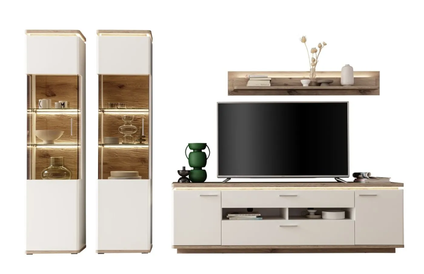 Wohnkombination Palermo 4 | Soft white / Viking Oak | 4-teilig | mit 135 cm Beleuchtung