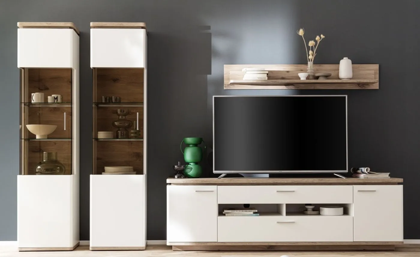 Wohnkombination Palermo 4 | Soft white / Viking Oak | 4-teilig | mit 4er Set 45 cm Beleuchtung