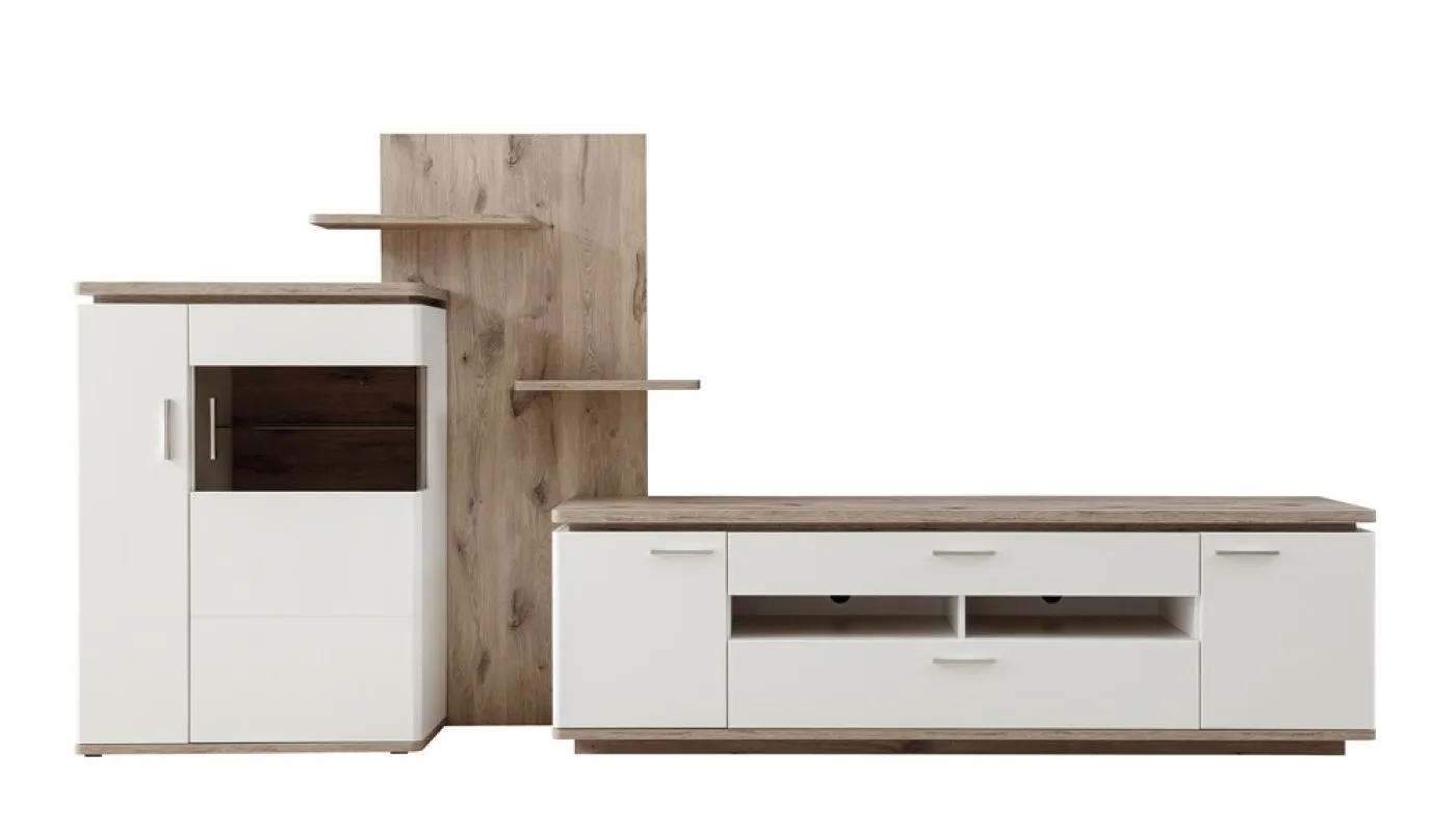 Wohnkombination Palermo | Soft white / Viking Oak | 3-teilig | LED Beleuchtung