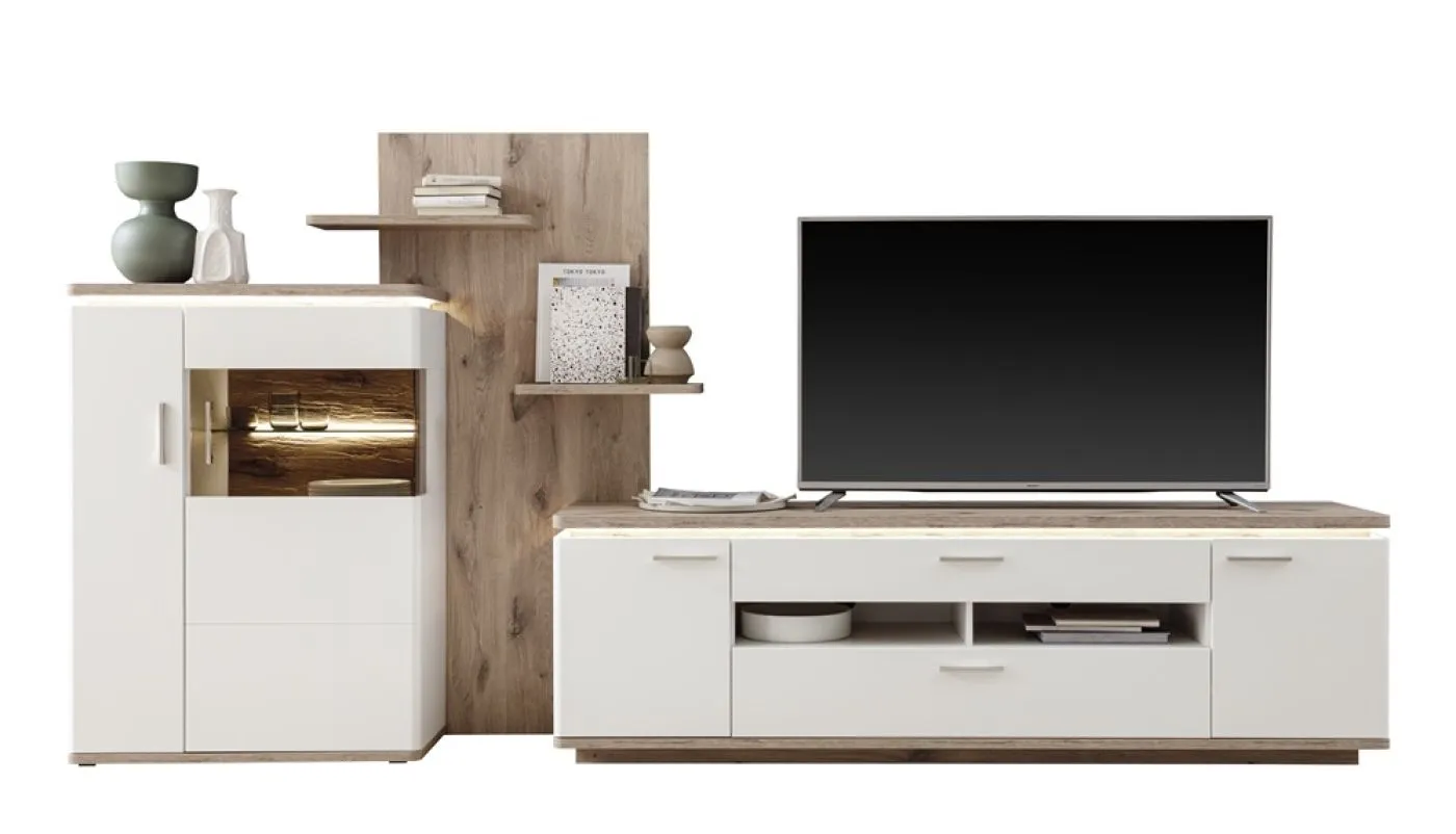 Wohnkombination Palermo | Soft white / Viking Oak | 3-teilig | mit Beleuchtung