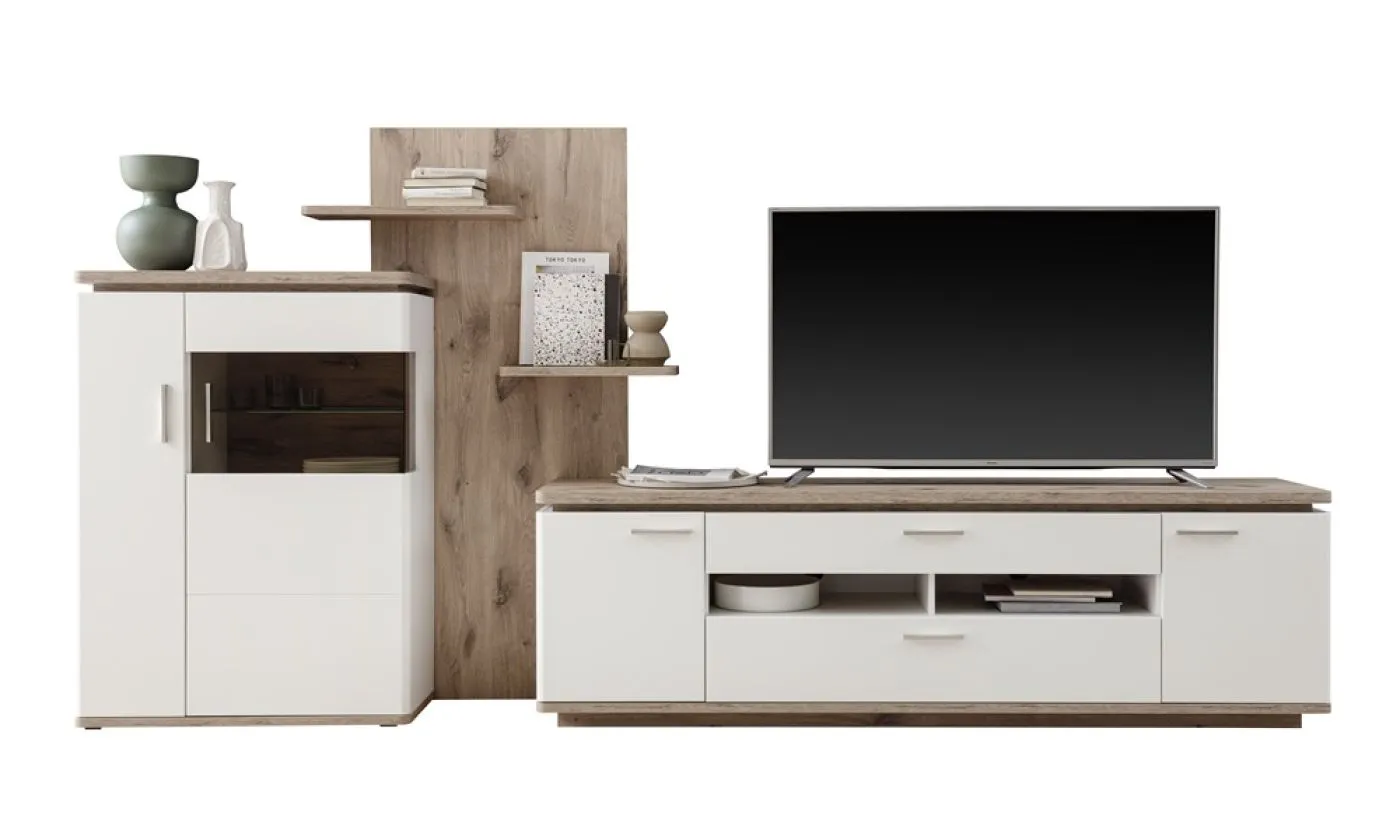 Wohnkombination Palermo | Soft white / Viking Oak | 3-teilig | mit Beleuchtung