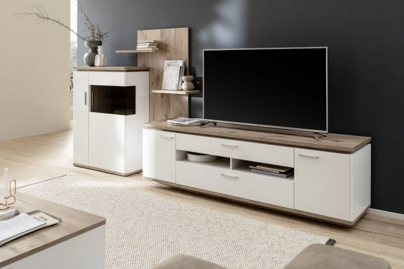 Wohnkombination Palermo | Soft white / Viking Oak | 3-teilig | ohne Beleuchtung