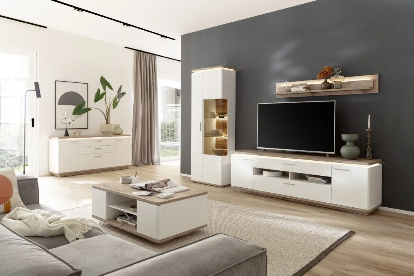 Wohnkombination Palermo1 | Soft white / Viking Oak | 3-teilig | LED Beleuchtung