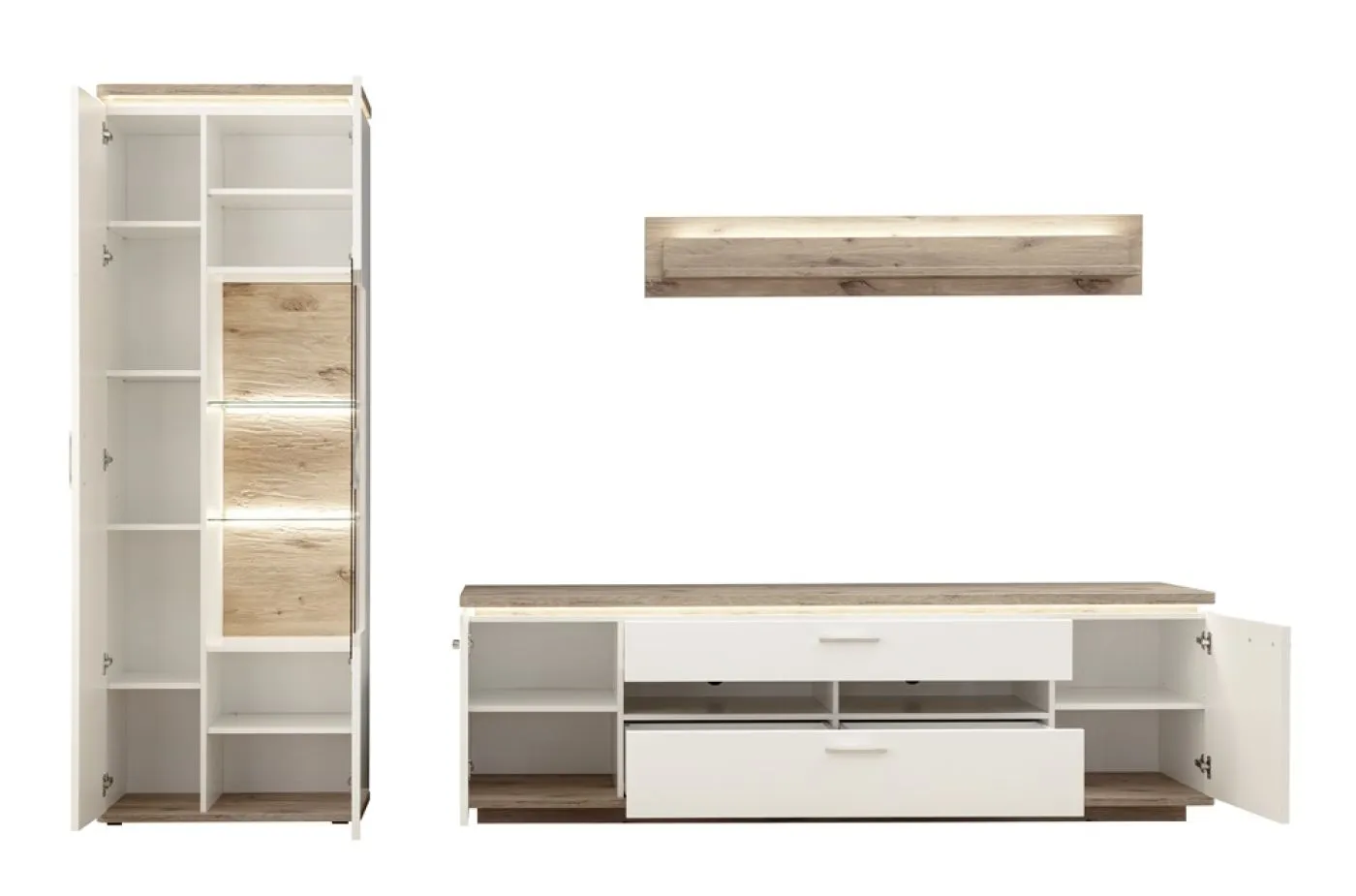 Wohnkombination Palermo1 | Soft white / Viking Oak | 3-teilig | LED Beleuchtung