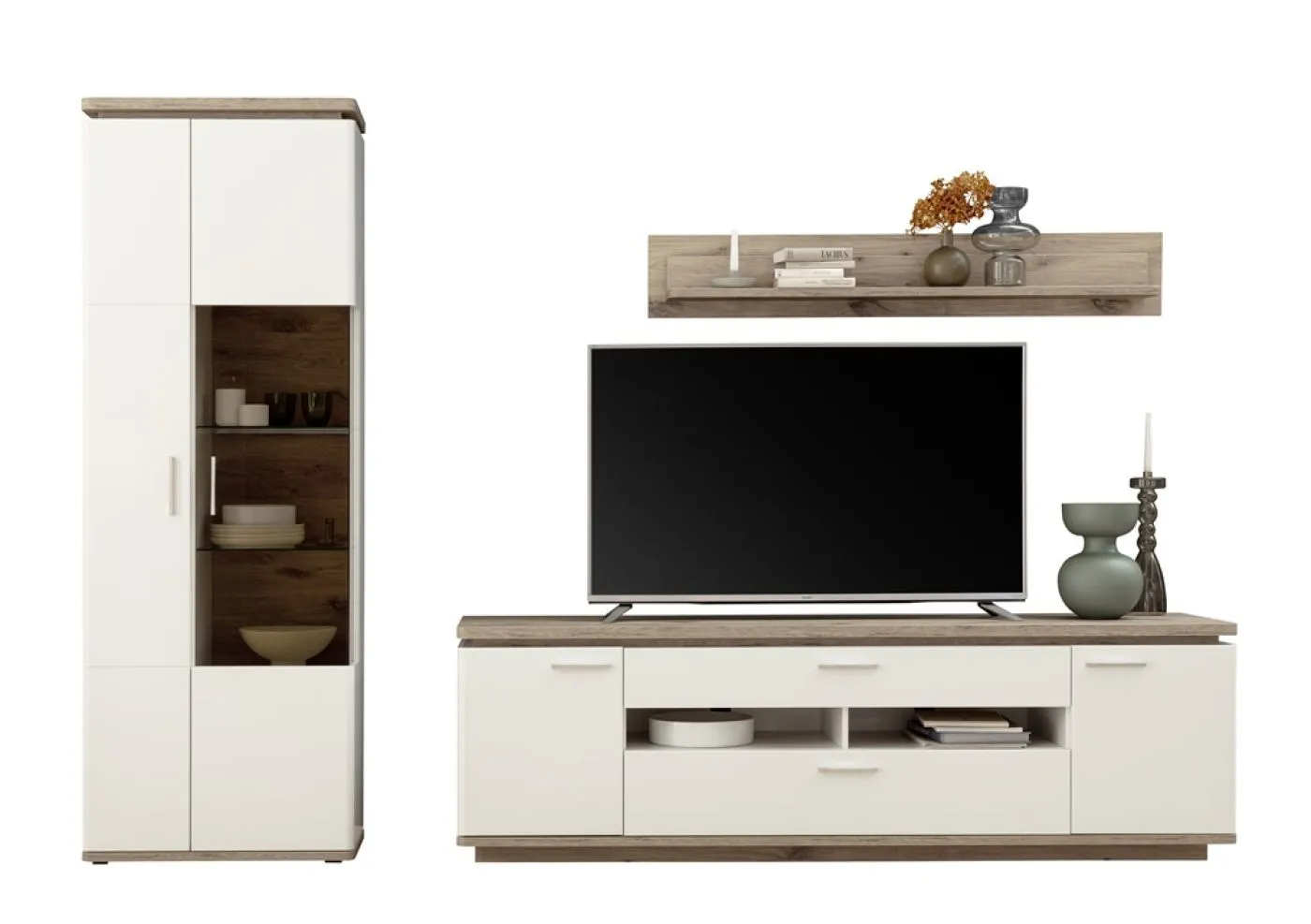 Wohnkombination Palermo1 | Soft white / Viking Oak | 3-teilig | mit 135 cm Beleuchtung
