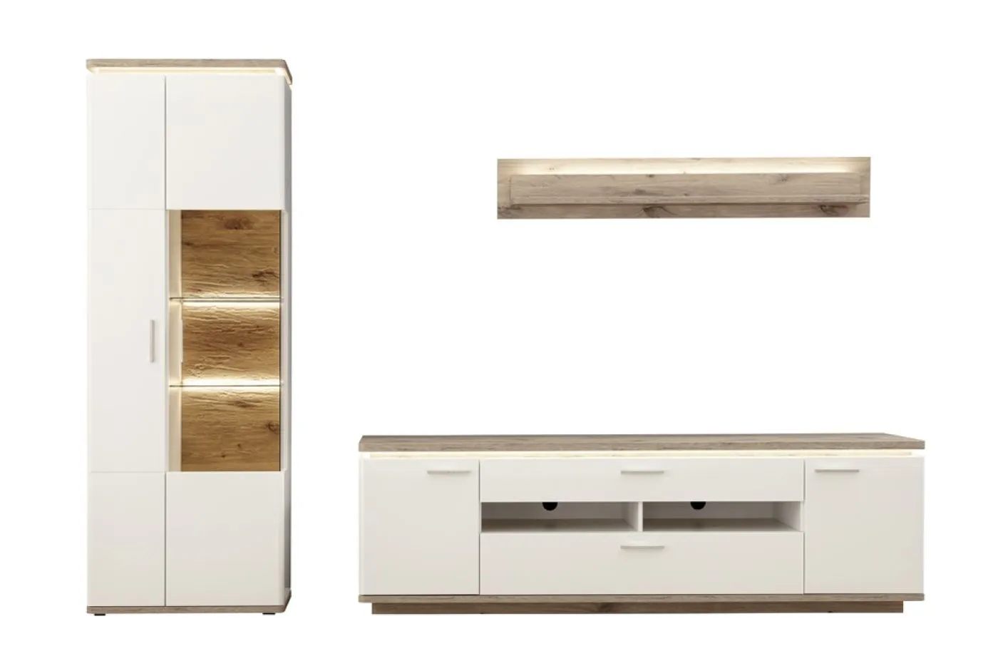 Wohnkombination Palermo1 | Soft white / Viking Oak | 3-teilig | mit 135 cm Beleuchtung