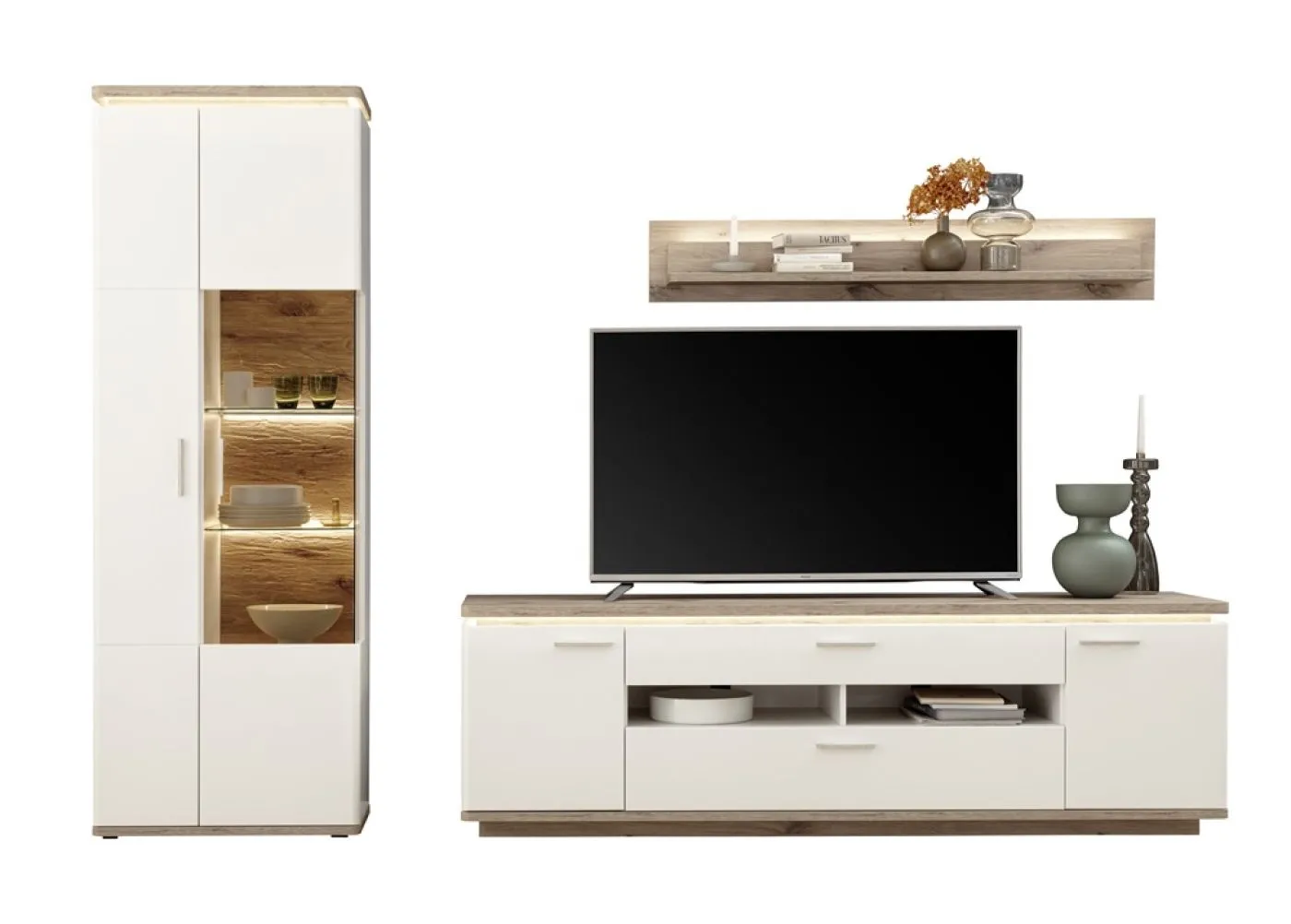 Wohnkombination Palermo1 | Soft white / Viking Oak | 3-teilig | mit 2er Set 40 cm Beleuchtung
