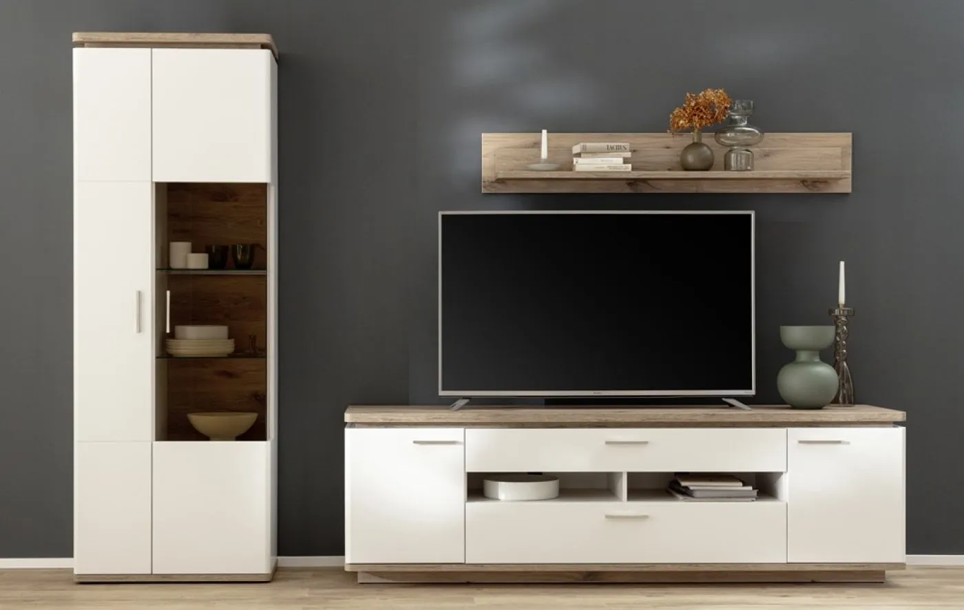 Wohnkombination Palermo1 | Soft white / Viking Oak | 3-teilig | ohne Beleuchtung