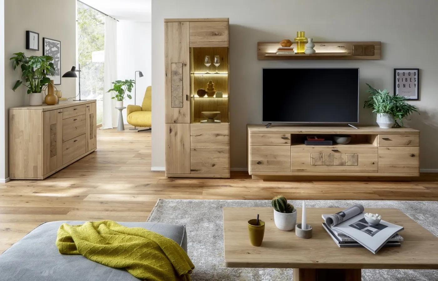 Wohnkombination Palma 2 | Asteiche / Balkeneiche | 3-teilig | Beleuchtung Komplettset