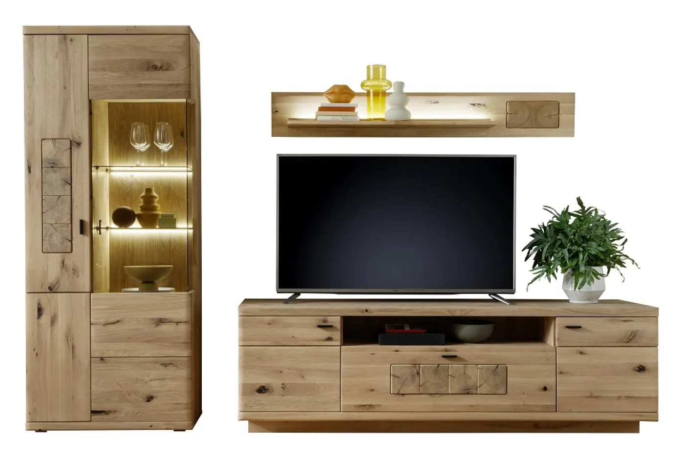 Wohnkombination Palma 2 | Asteiche / Balkeneiche | 3-teilig | Beleuchtung Komplettset