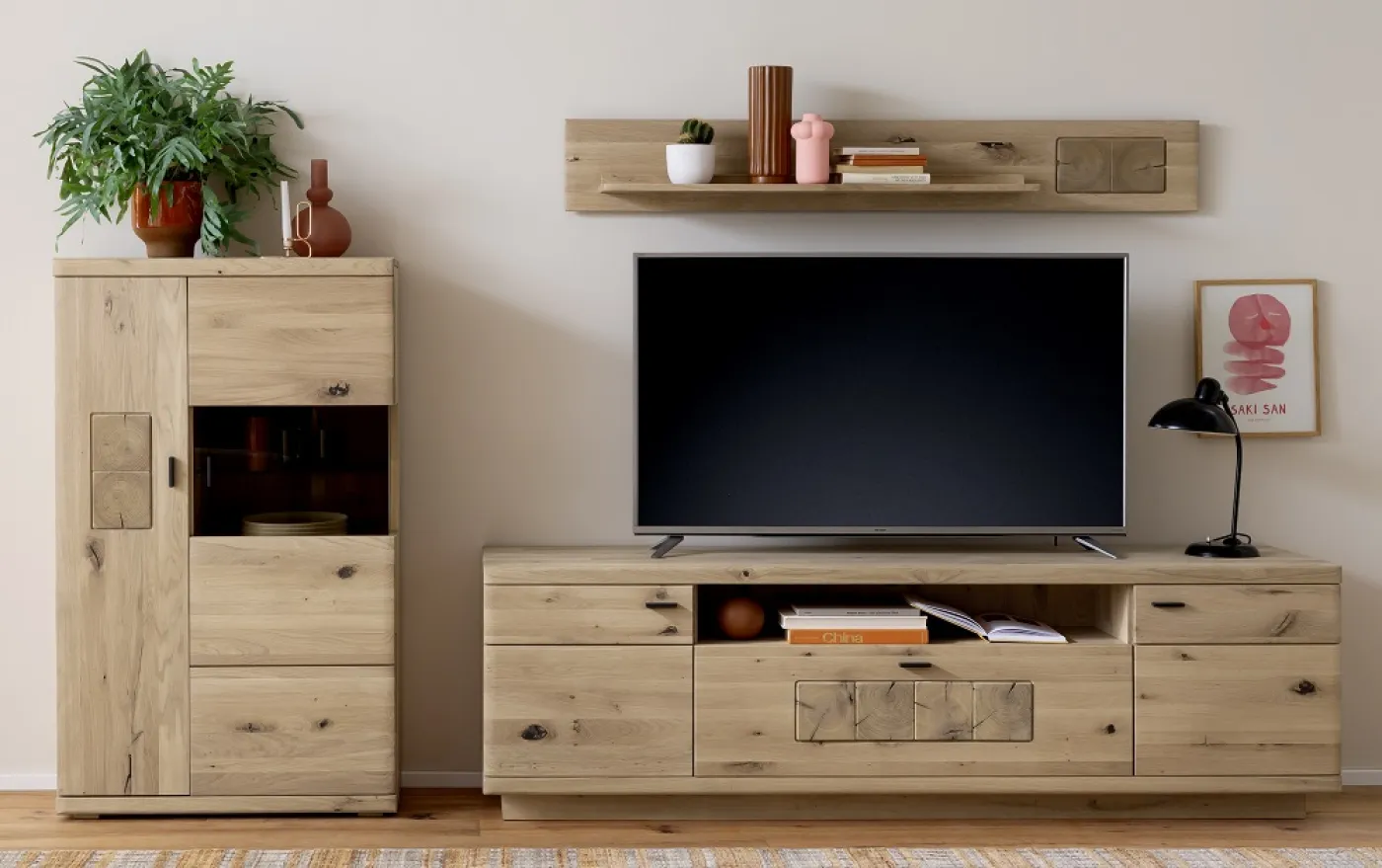 Wohnkombination Palma 3 | Asteiche / Balkeneiche | 3-teilig | Beleuchtung Highboard