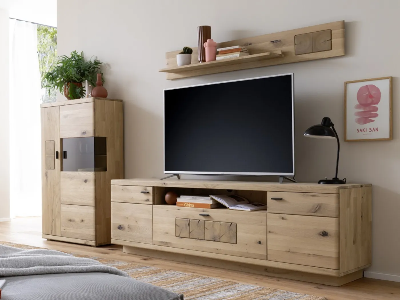 Wohnkombination Palma 3 | Asteiche / Balkeneiche | 3-teilig | Beleuchtung Highboard