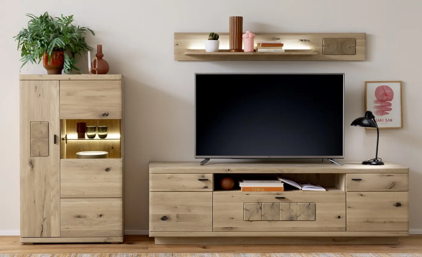 Wohnkombination Palma 3 | Asteiche / Balkeneiche | 3-teilig | optional LED Beleuchtung