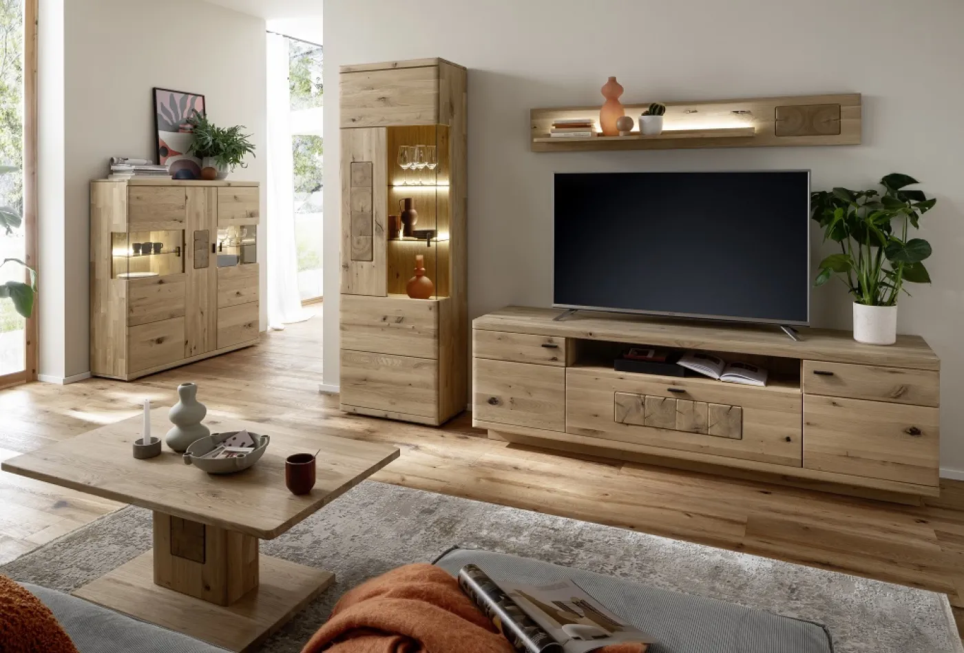 Wohnkombination Palma | Asteiche / Balkeneiche | 3-teilig | Beleuchtung Komplettset