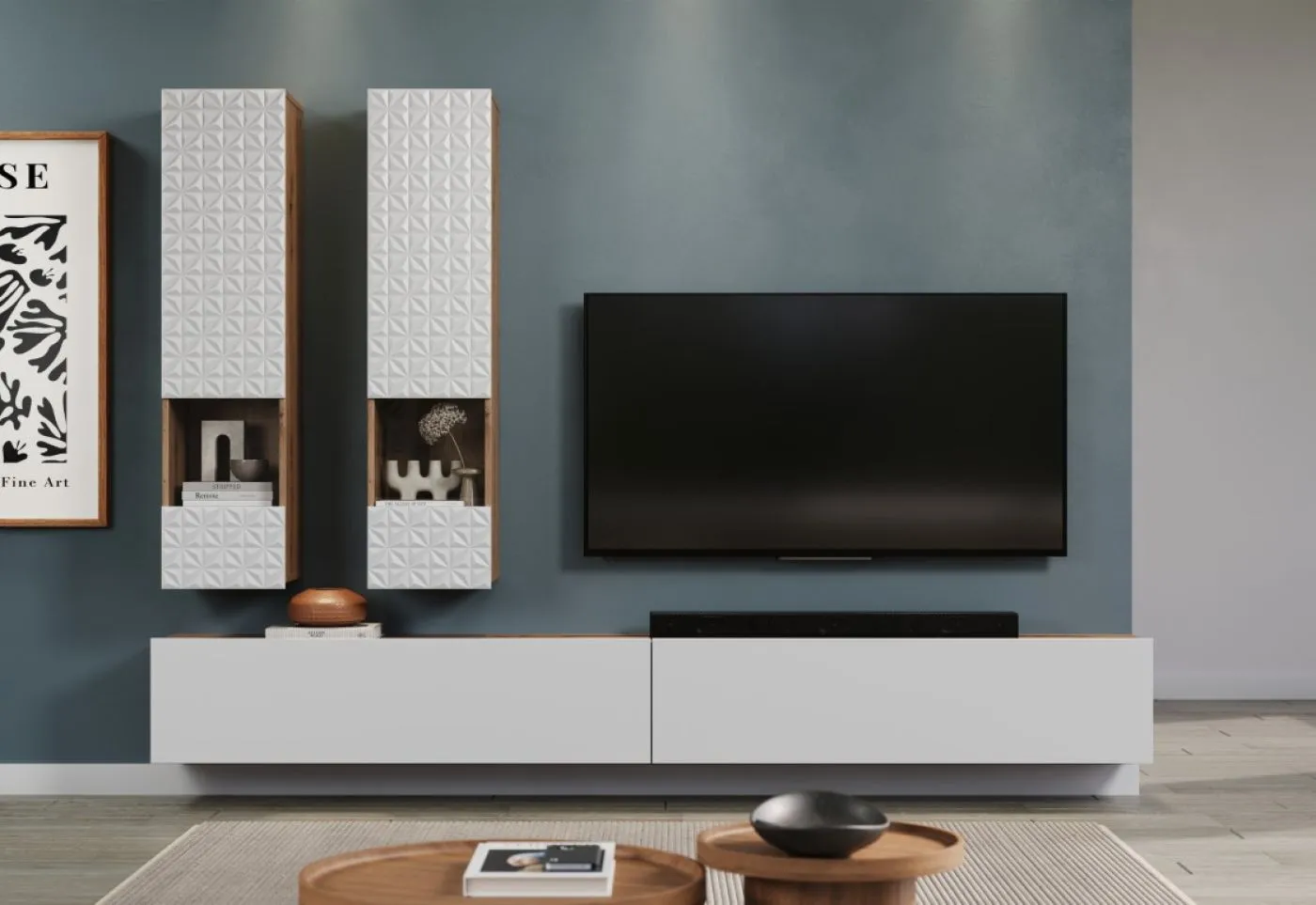 Wohnkombination Rezzo | Artisan Eiche / weiß | 4-teilig mit Beleuchtung