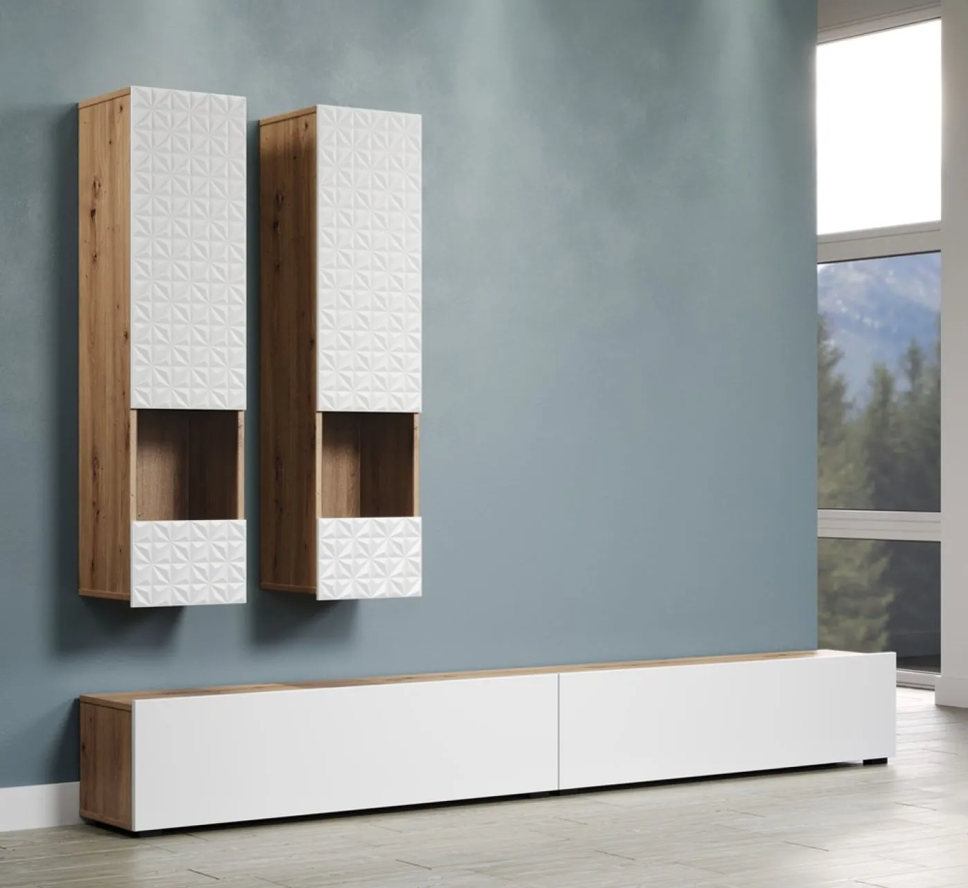 Wohnkombination Rezzo | Artisan Eiche / weiß | 4-teilig mit Beleuchtung