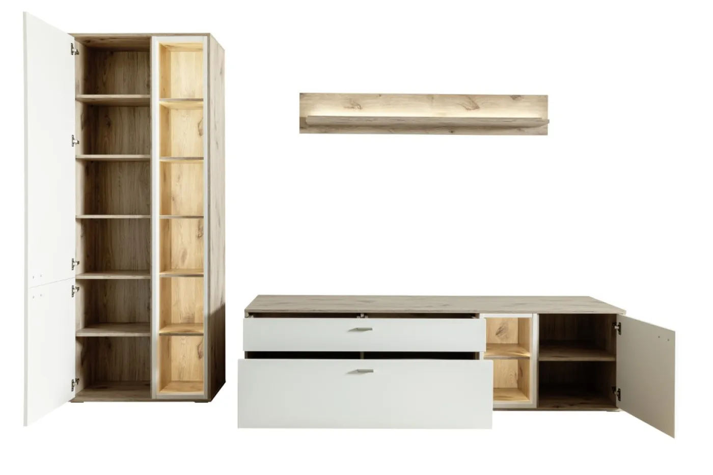 Wohnkombination Santerno 1 | Soft white / Viking Oak | 3-teilig | mit 135 cm Beleuchtung