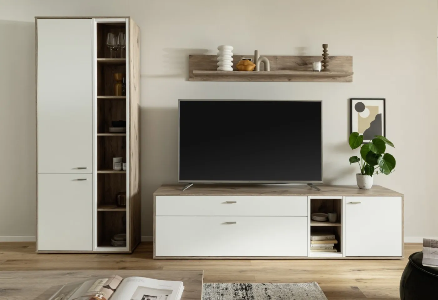 Wohnkombination Santerno 1 | Soft white / Viking Oak | 3-teilig | mit 190 cm Beleuchtung