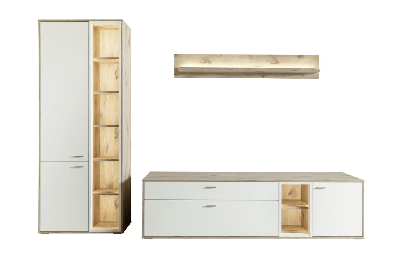 Wohnkombination Santerno 1 | Soft white / Viking Oak | 3-teilig | mit 190 cm Beleuchtung