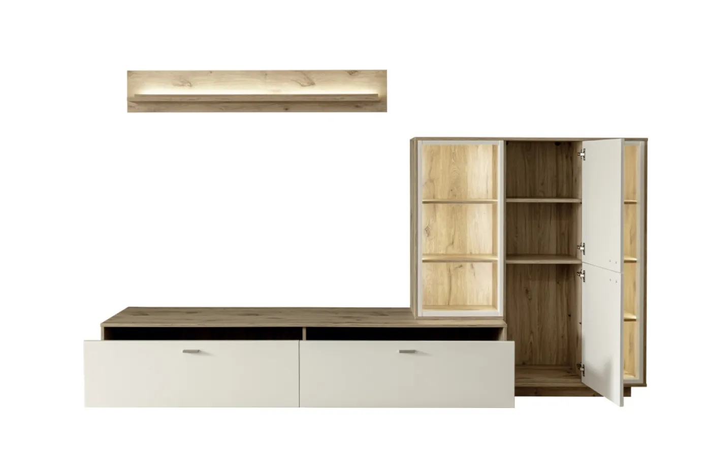 Wohnkombination Santerno 2 | Soft white / Viking Oak | 3-teilig | mit 85 cm Beleuchtung