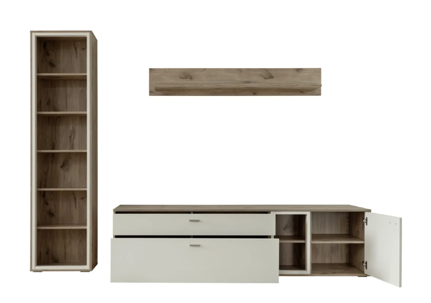 Wohnkombination Santerno | Soft white / Viking Oak | 3-teilig | LED Beleuchtung