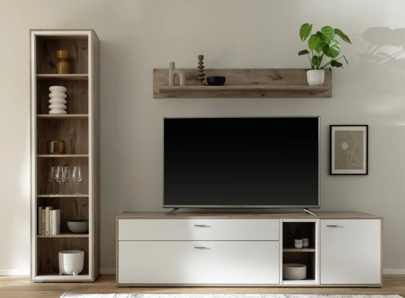 Wohnkombination Santerno | Soft white / Viking Oak | 3-teilig | ohne Beleuchtung