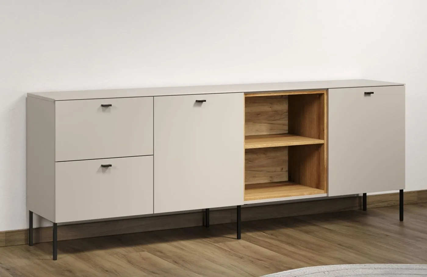 Wohnkombination Sao Paulo, Kaschmir Dekor, Wohnzimmer mit Lowboard, Wandschränken, Regal und Wandpaneel – Ansicht 5