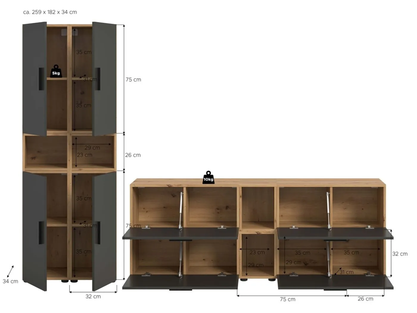 Wohnkombination The One 1 | 12-teilig | Artisan Oak / Basalt grau ohne