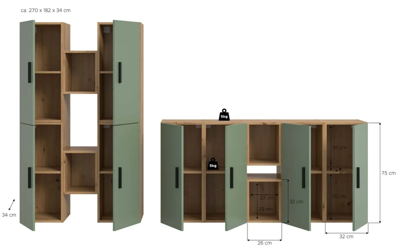 Wohnkombination The One | 12-teilig | Artisan Oak / Smoke Green Komplettset