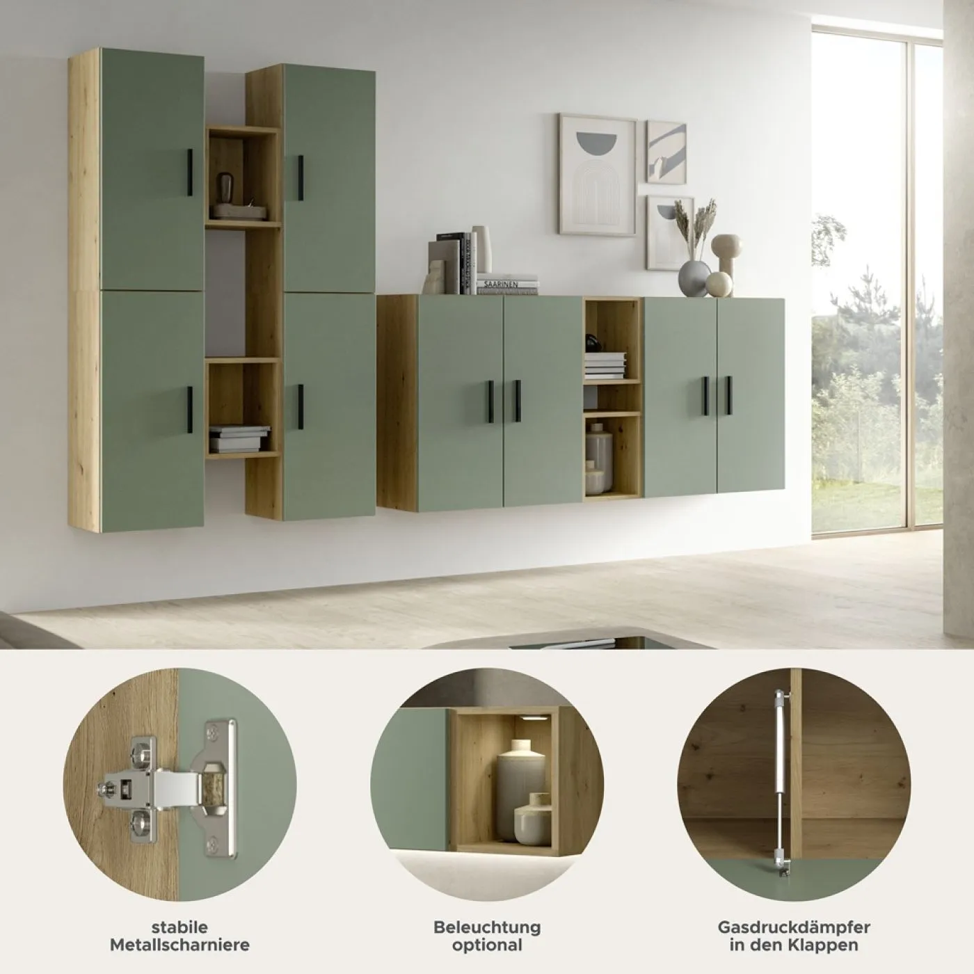 Wohnkombination The One | 12-teilig | Artisan Oak / Smoke Green ohne