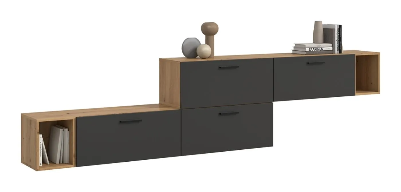 Wohnkombination The One 2 | 6-teilig | Artisan Eiche / Basalt grau mit 2er Set Unterbauspot