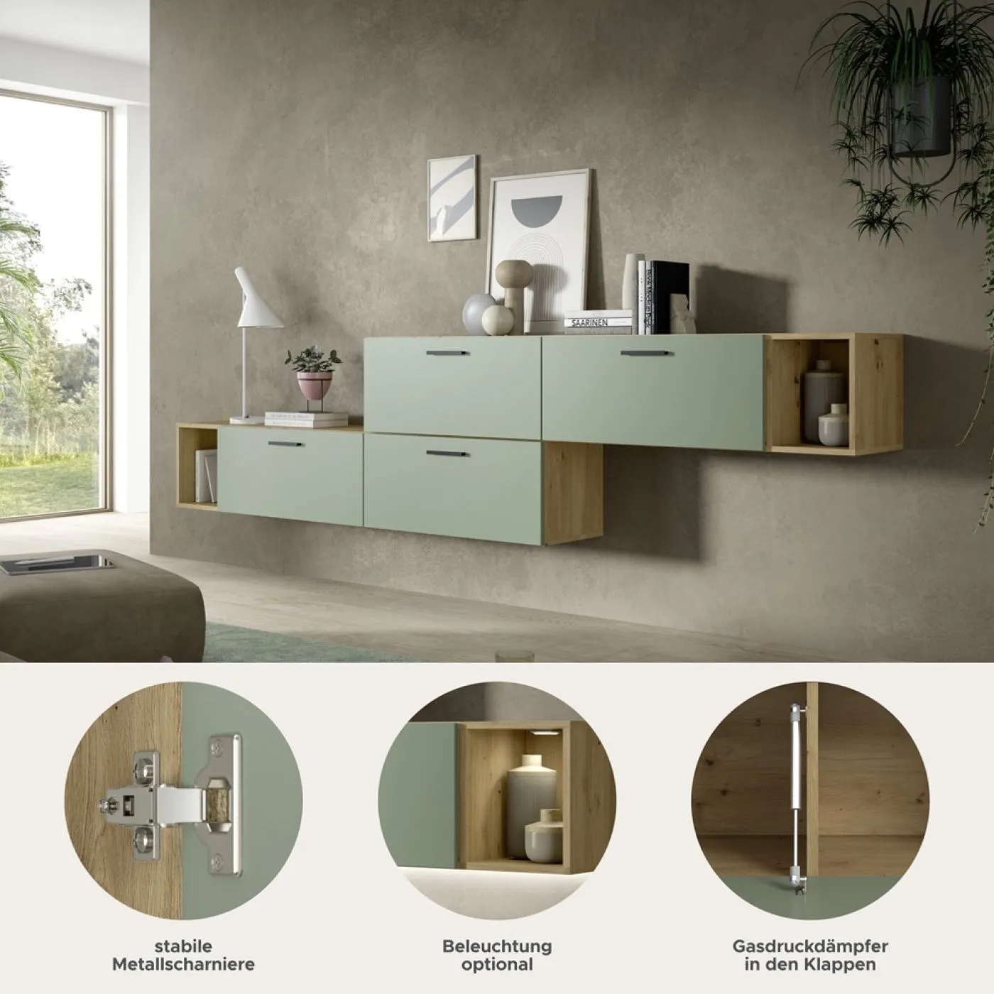 Wohnkombination The One 2| 6-teilig | Artisan Eiche / Smoke Green ohne