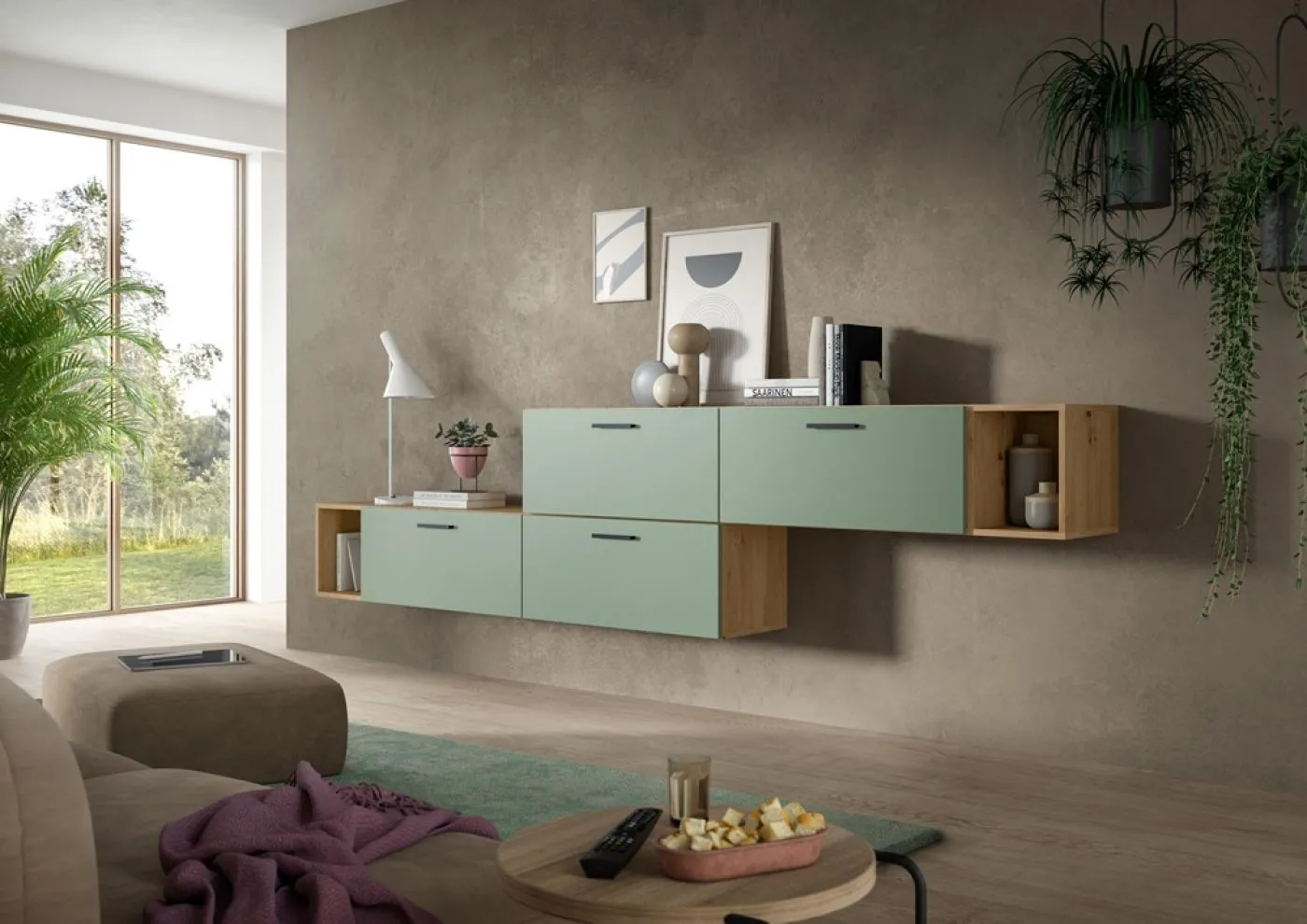 Wohnkombination The One 2| 6-teilig | Artisan Eiche / Smoke Green ohne