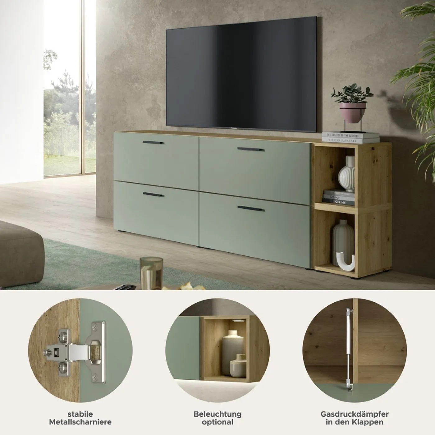 Wohnkombination The One 3 | 6-teilig | Artisan Oak / Smoke Green LED 1