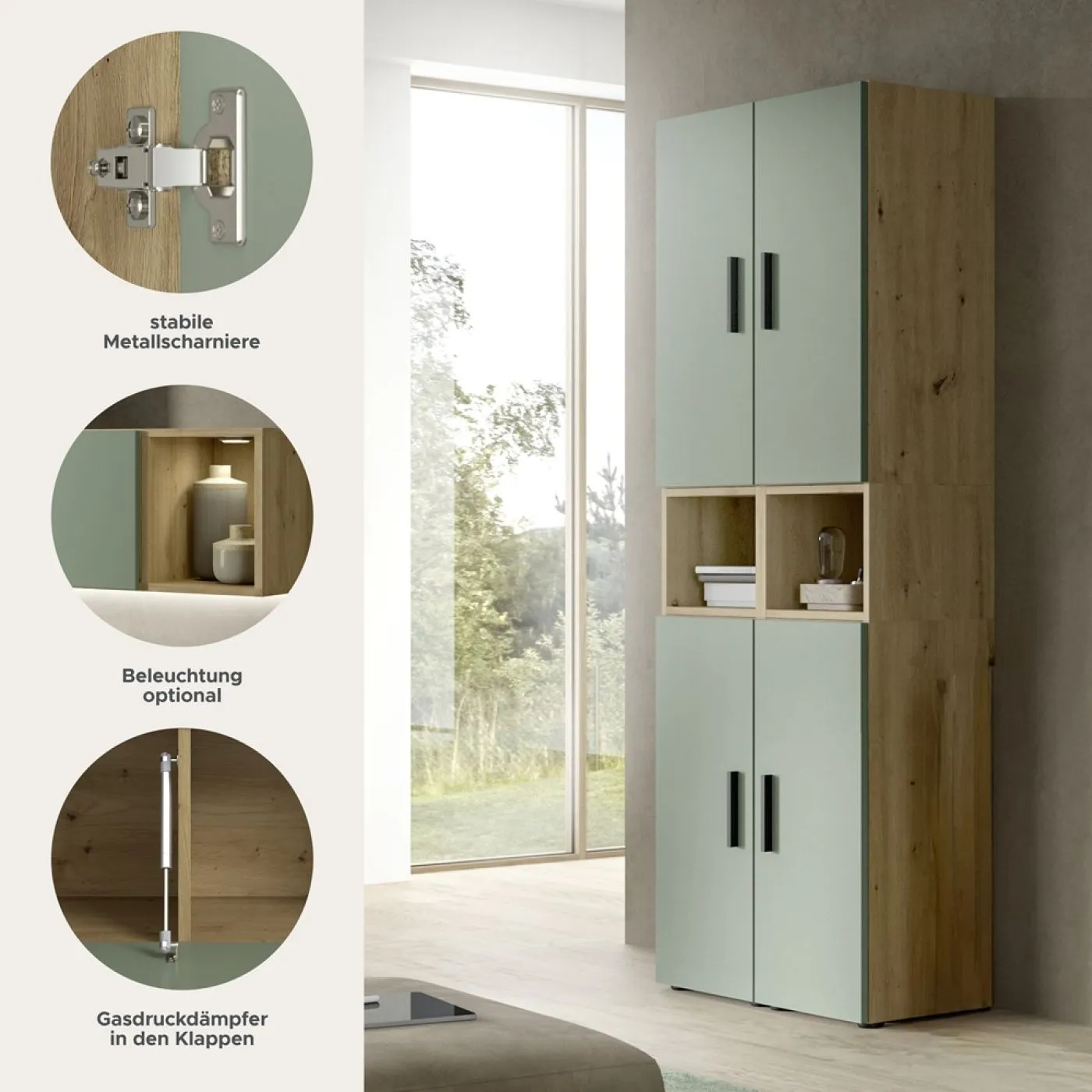Wohnkombination The One 3 | 6-teilig | Artisan Oak / Smoke Green mit 2er Set Unterbauspot