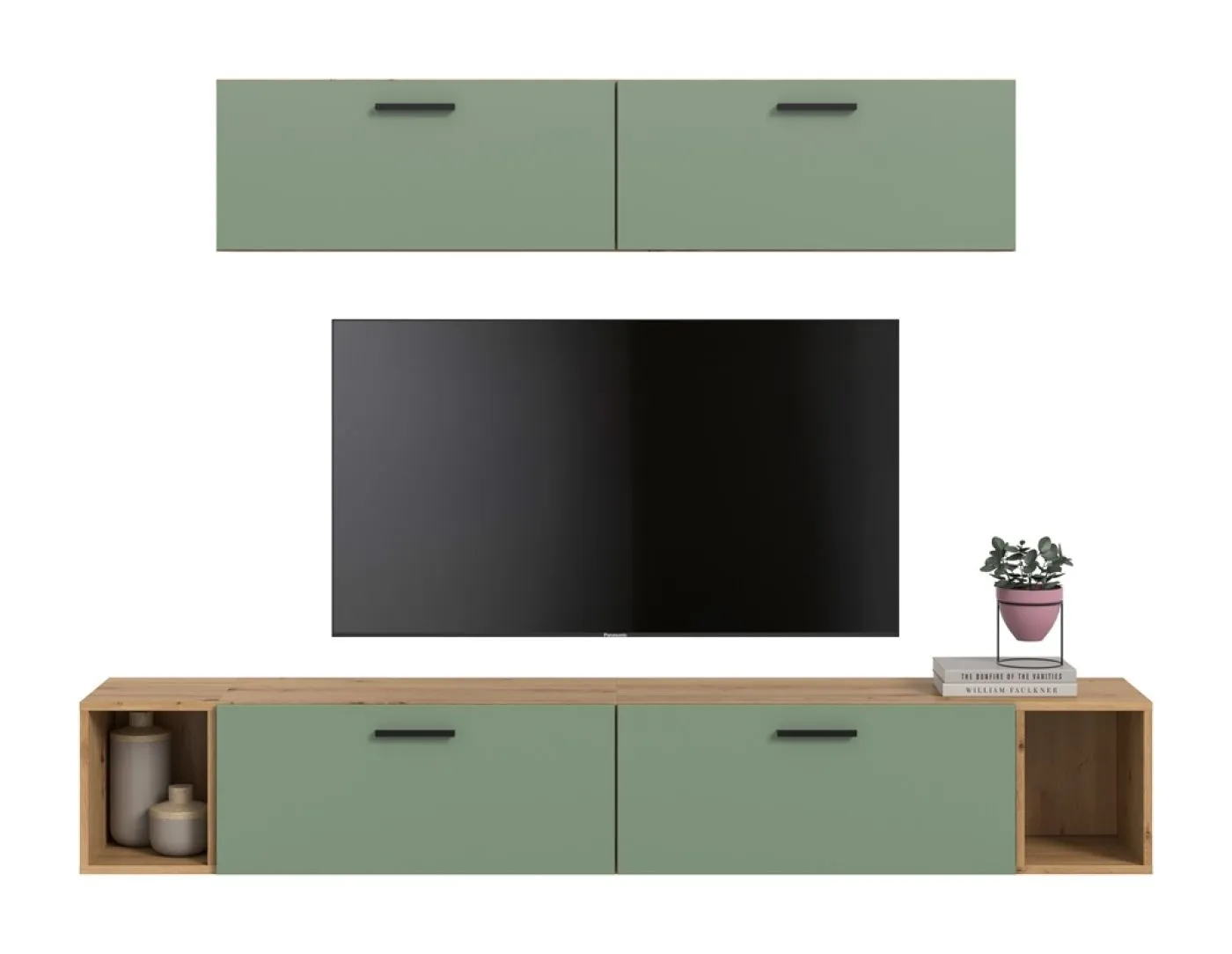Wohnkombination The One 4 | 6-teilig | Artisan Oak / Smoke Green LED Bad warm-weiß 2x 110cm