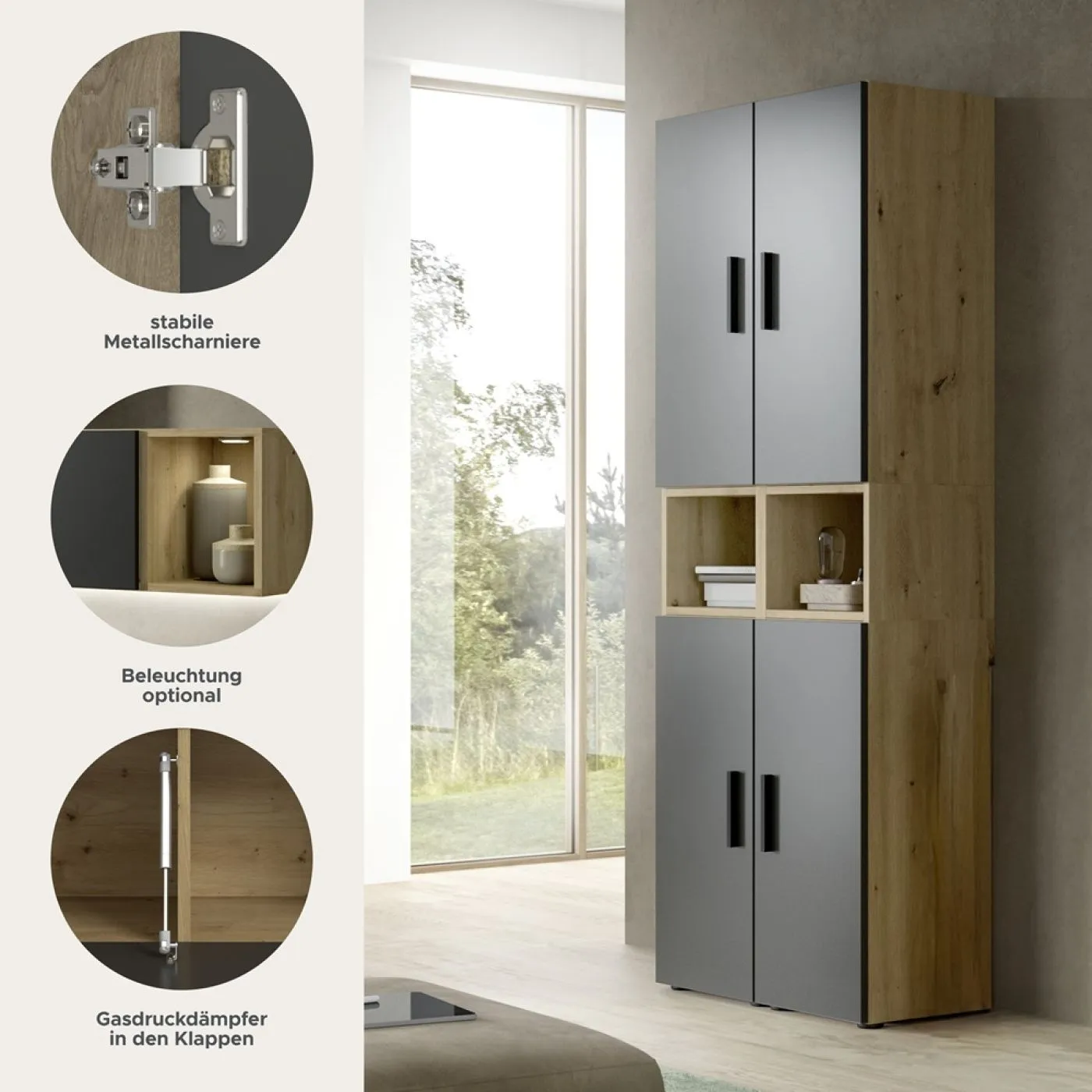 Wohnkombination The One 4b | 6-teilig | Artisan Oak / Basalt grau mit 2er Set Unterbauspot