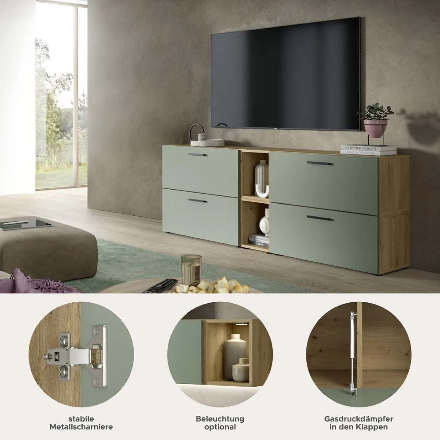 Wohnkombination The One 5 | 6-teilig | Artisan Oak / Smoke Green ohne